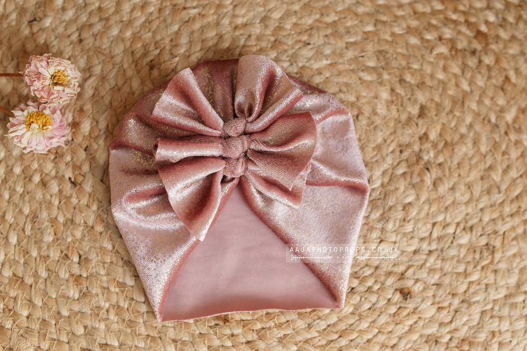 Baby newborn turban hat, sparkly pink gold, RTS