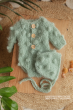 Load image into Gallery viewer, Baby newborn bubble knitted romper and hat set, sage green, RTS