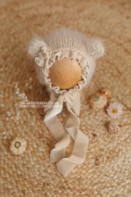 Beige baby newborn bear bonnet, With velvet ties and bow, made to order