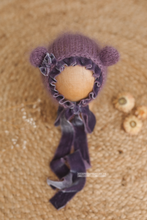 Mauve baby newborn bear bonnet, With velvet ties and bow, made to order