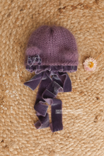 Mauve baby newborn bear bonnet, With velvet ties and bow, made to order