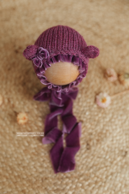 Berry pink purple baby newborn bear bonnet, With velvet ties and bow, RTS