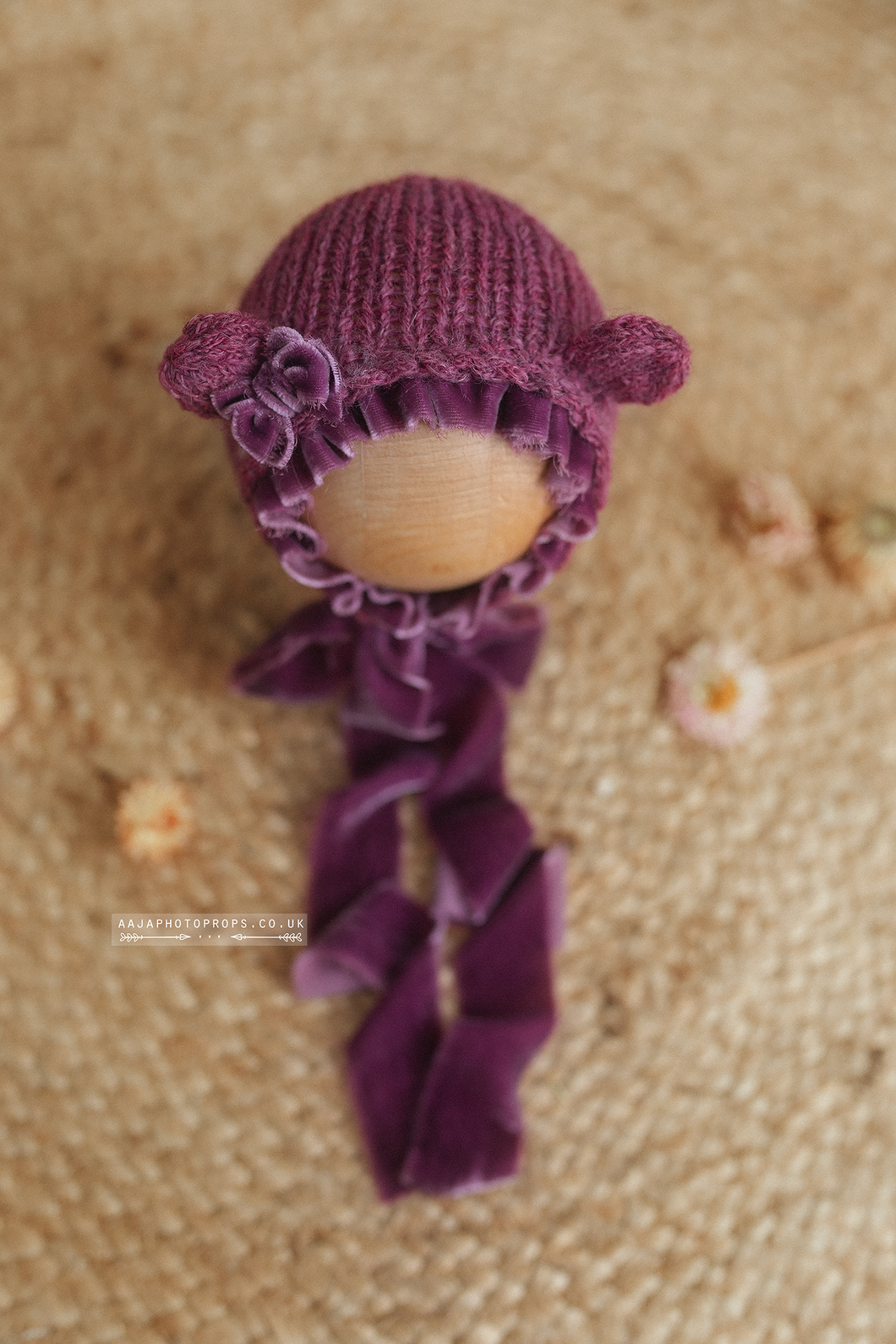 Berry pink purple baby newborn bear bonnet, With velvet ties and bow, RTS