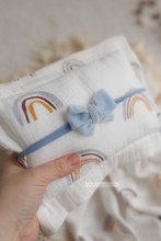 Boho layer, pillow, velvet bow, rainbow, off white, blue, yellow, fringe, RTS