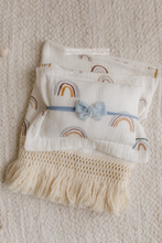 Boho layer, pillow, velvet bow, rainbow, off white, blue, yellow, fringe, RTS