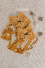 Baby newborn girl velvet bow tieback, double, cinnamon, mango, soft, RTS