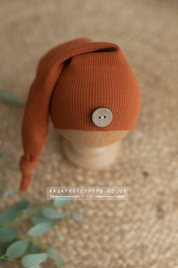 Baby newborn sleepy hat, knot, rust burnt orange, button, RTS