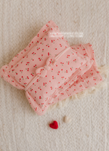 lifestyle props cherry berry pink layer with fringe, pillow, bow tieback, boho photo prop
