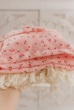 newborn photography posing cherry berry pink layer with fringe, pillow, bow tieback, boho photo prop