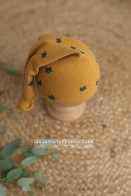 Baby newborn sleepy hat, knot, mustard yellow, cat, RTS