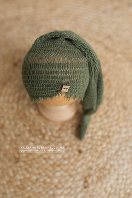 Baby newborn sleepy hat, knot, green, button, RTS