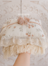 Boho layer, pillow, tieback set, cream, flowers, beige, fringe, velvet bow, made to order