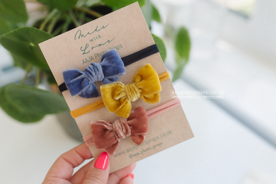 Baby girl small velvet bows tiebacks set, blue, pink, mustard yellow, RTS