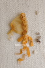 Baby newborn bonnet, Mustard yellow, boho, vintage, velvet ties, made to order