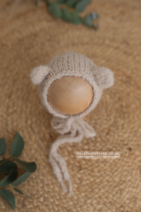 Baby newborn knitted romper, bear bonnet, wrap, layer, natural, RTS