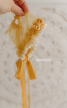 Baby newborn bonnet, Mustard yellow, boho, vintage, velvet ties, made to order