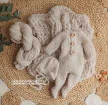 Baby newborn knitted romper, bear bonnet, wrap, layer, natural, RTS