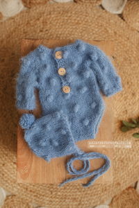 Baby bubble knitted romper and hat set, blue, RTS