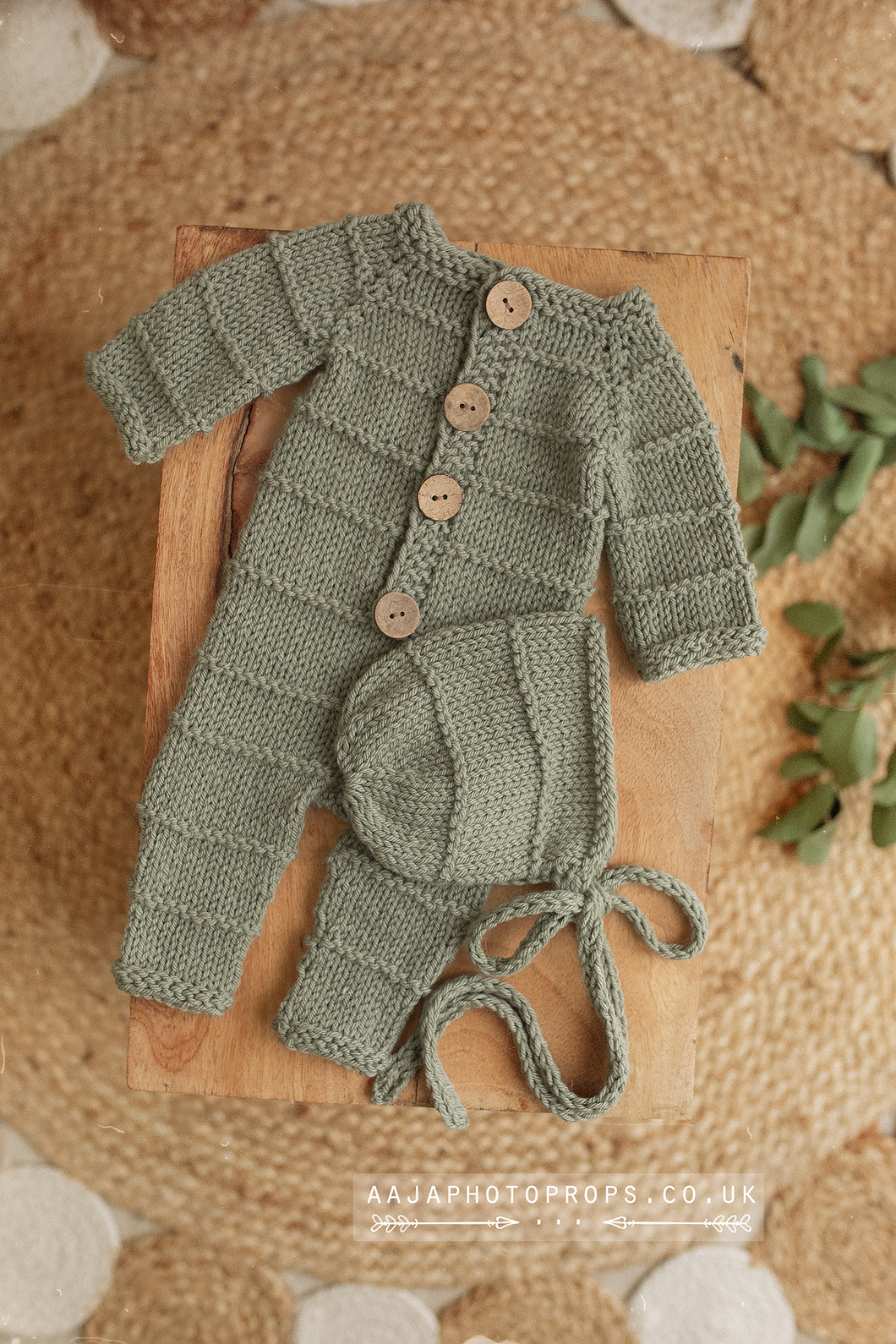 Baby newborn knitted romper and bonnet, sage green, RTS