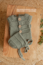 Baby newborn knitted romper and bonnet, sage green, RTS