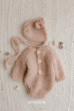 Load image into Gallery viewer, Baby newborn knitted romper and bear bonnet set, dusky blush pink, made yo order
