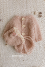 Load image into Gallery viewer, Baby newborn knitted romper and bear bonnet set, dusky blush pink, made yo order