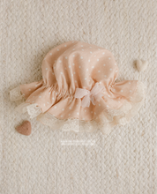 Baby 6-18 months size mop hat with lace, dots, dusty blush pink, shower cap, RTS