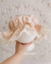 Baby 6-18 months size mop hat with lace, dots, dusty blush pink, shower cap, RTS