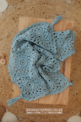 Vintage Style, Boho posing layer blanket, Hand crochet, dusty blue, RTS