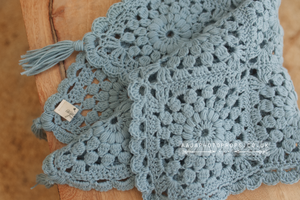 Vintage Style, Boho posing layer blanket, Hand crochet, dusty blue, RTS