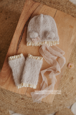 Baby newborn bear bonnet leg warmers set, light beige, lace, made to order