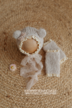 Baby newborn bear bonnet leg warmers set, light beige, lace, made to order