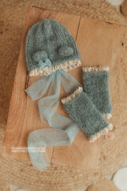 Baby newborn bear bonnet leg warmers set, sage green, lace, made to order