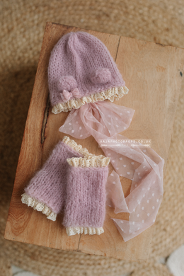 Baby newborn bear bonnet leg warmers set, pink, lace, made to order