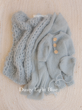 Baby newborn knitted romper, bear bonnet, wrap, layer, dusky blue, made to order