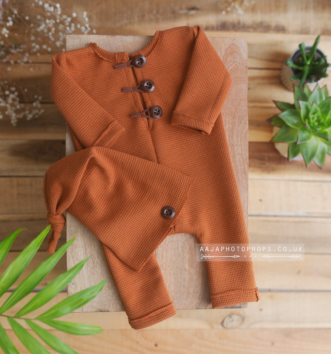 Baby newborn hat and romper, Burnt orange, pyjama, RTS