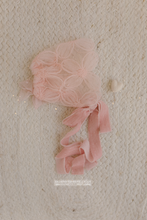 Baby girl newborn bonnet pastel pink, boho, vintage, velvet ties, RTS
