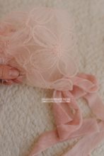 Baby girl newborn bonnet pastel pink, boho, vintage, velvet ties, RTS