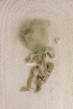 Baby girl newborn bonnet sage, boho, vintage, velvet ties, RTS