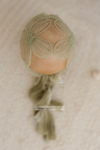Baby girl newborn bonnet sage, boho, vintage, velvet ties, RTS