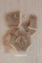 Baby newborn bear bonnet, leg warmers, bloomers set, dark beige, lace, made to order
