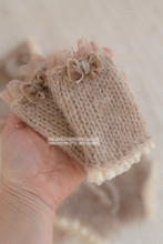 Baby newborn bear bonnet, leg warmers, bloomers set, dark beige, lace, made to order