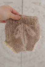 Baby newborn bear bonnet, leg warmers, bloomers set, dark beige, lace, made to order