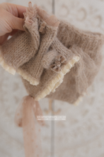 Baby newborn bear bonnet, leg warmers, bloomers set, dark beige, lace, made to order
