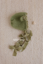 Warm sage green baby newborn bear bonnet, With velvet ties and bow, made to order
