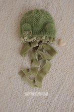 Warm sage green baby newborn bear bonnet, With velvet ties and bow, made to order