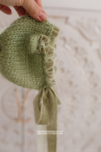 Warm sage green baby newborn bear bonnet, With velvet ties and bow, made to order
