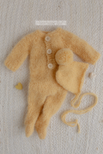 Load image into Gallery viewer, Baby newborn knitted footed romper and hat, soft yellow, pom pom, Made to order