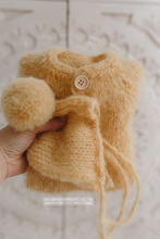 Load image into Gallery viewer, Baby newborn knitted footed romper and hat, soft yellow, pom pom, Made to order