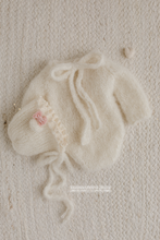 Baby newborn knitted romper, beanie, bear bonnet bundle, creamy off white, made to order